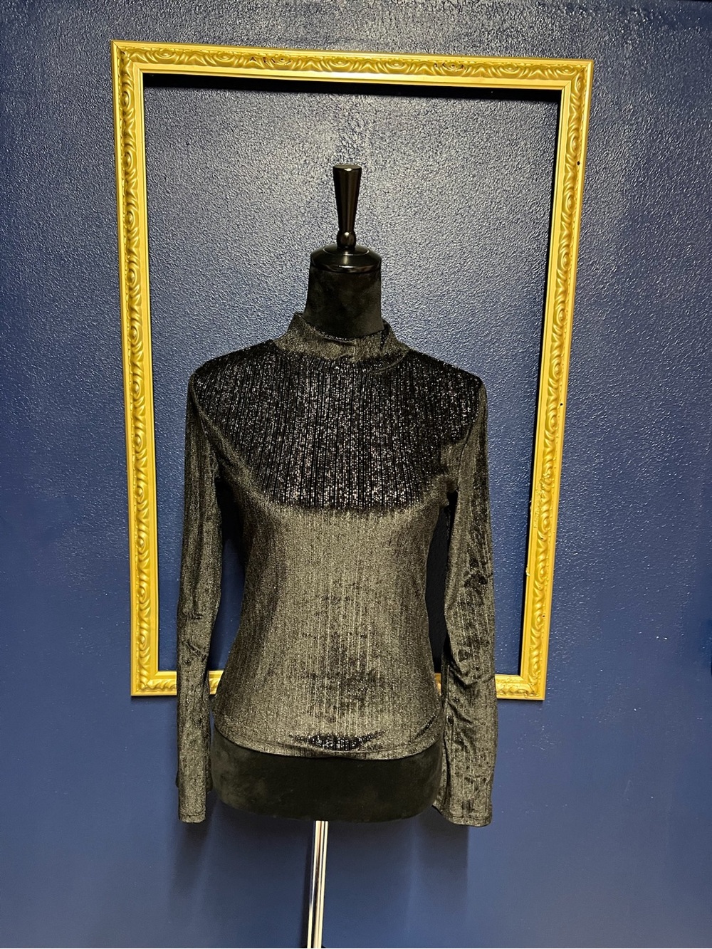 glam Black Shimmer Mock Neck Long Sleeve Top